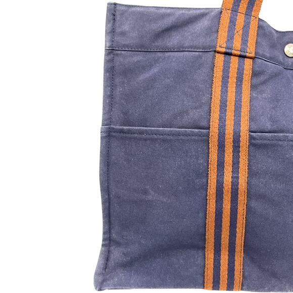 Hermès Fourre Tout MM Navy Blue Canvas Tote Bag with Brown Web Straps - Picture 15 of 16